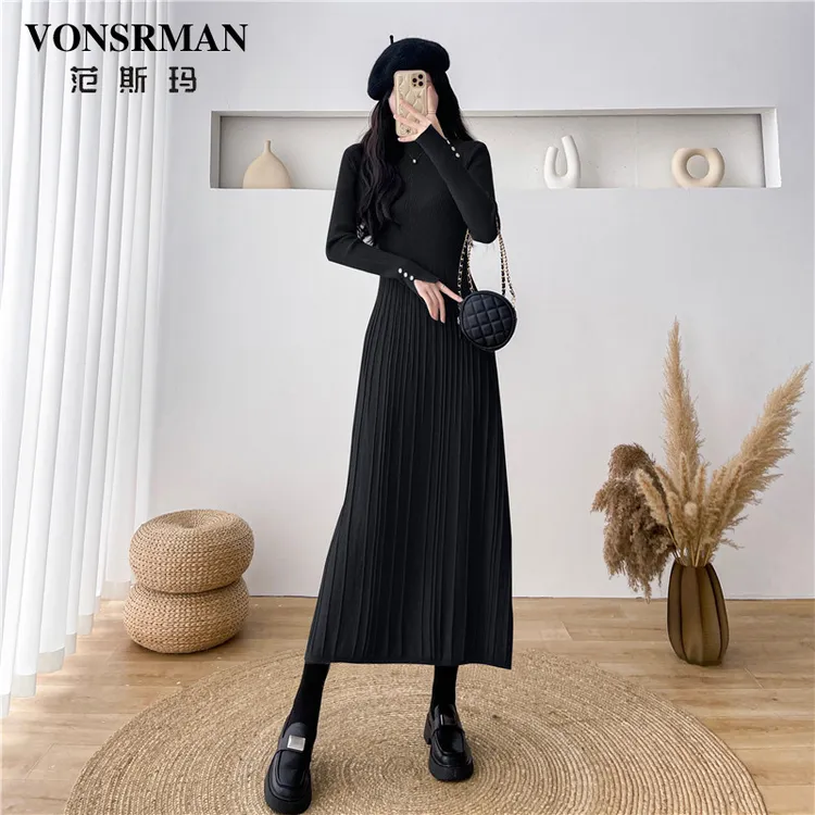 VONSRMAN赫本风百褶黑色连衣裙2025秋冬季新款时尚高级感气质收腰
