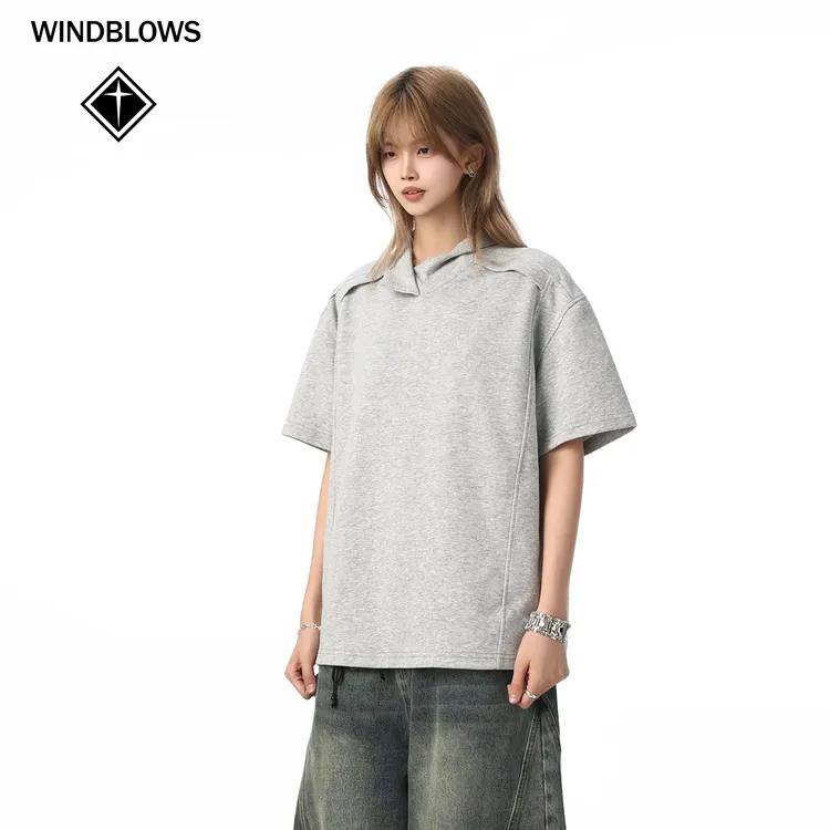 WIND BLOWS2025夏季美式休闲百搭简约纯色翻领宽松短袖