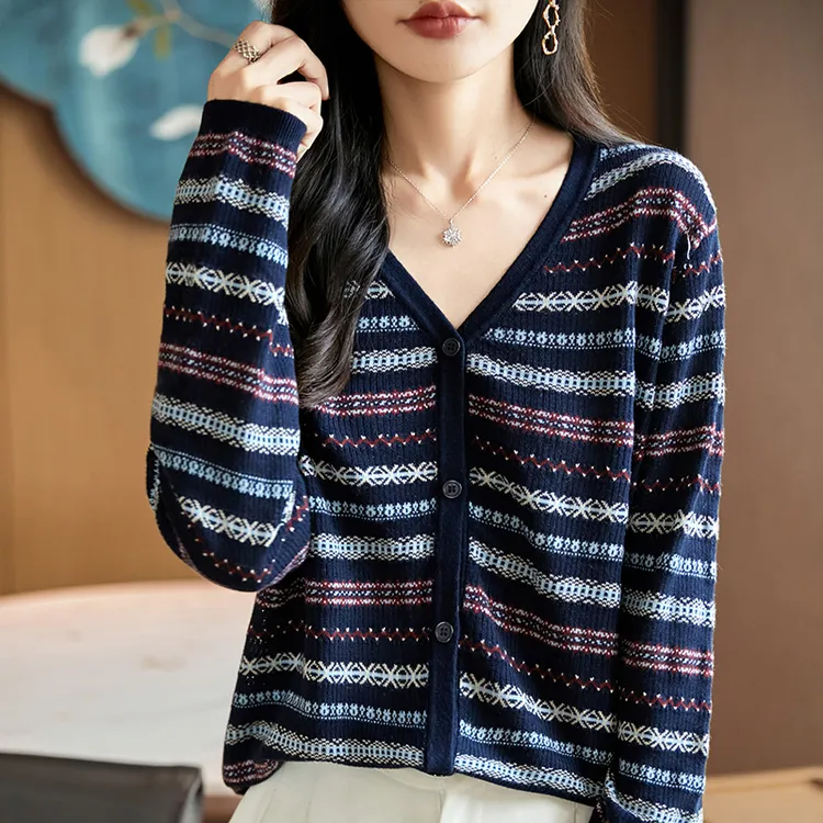 哥弟阿玛施正品女士2025秋冬新款复古针织开衫长袖百搭条纹羊毛衫