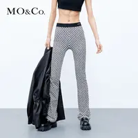 【贤哥专享】MOCO秋黑白棋盘格高腰高弹及地微喇裤休闲裤MBC3PAT006