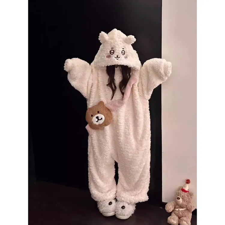 可爱卡通连帽珊瑚绒睡衣女冬季新款加绒加厚保暖连体家居服可外穿