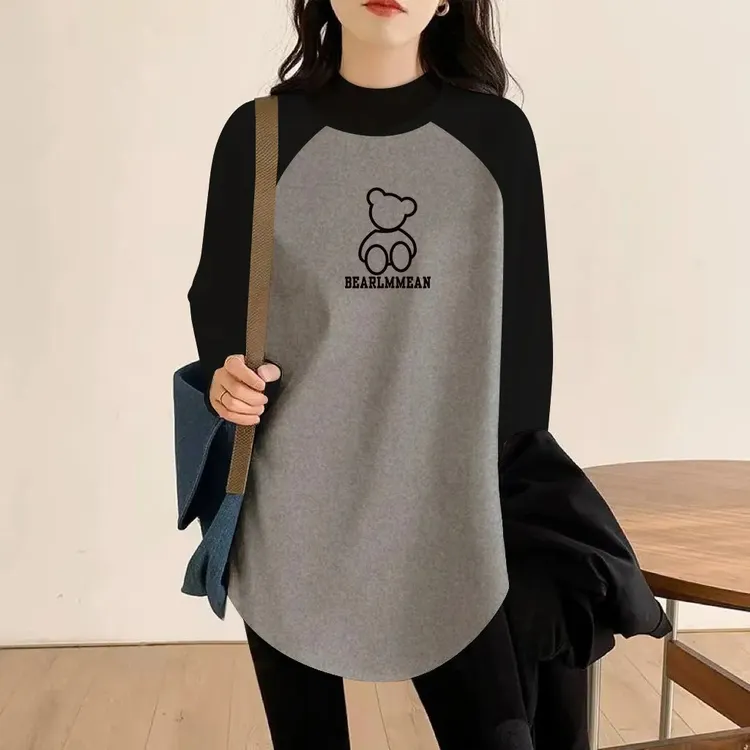 半高领德绒加厚中长款撞色插肩长袖上衣女秋冬大码宽松保暖打底衫