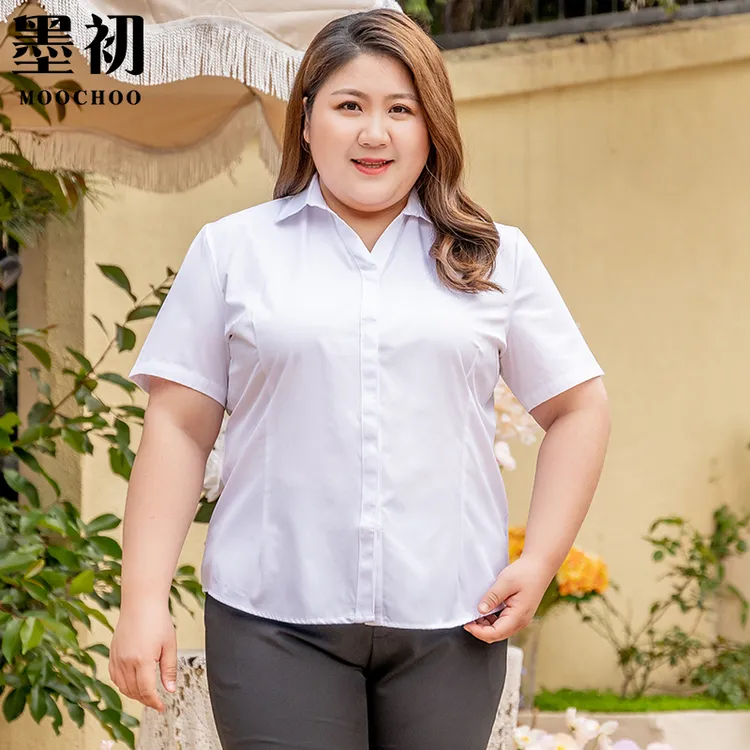 大码V领白衬衫女2025新款夏正装工作服胖mm工装职业套装短袖薄款