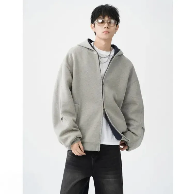重磅连帽卫衣外套时尚宽松休闲百搭双拉链开衫秋装秋冬季上衣男士