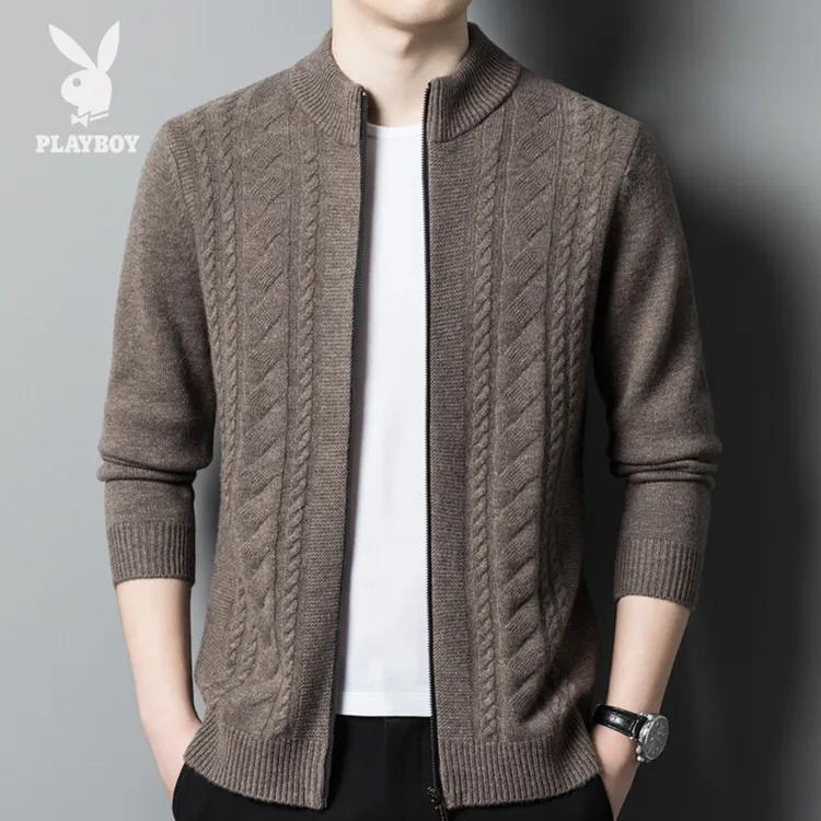 花花公子高档精纺100%纯毛衫开衫外套男士秋冬加厚针织韩版潮流