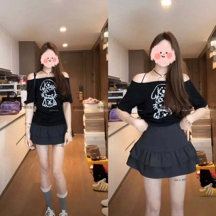 网红时尚炸街爆款黑色卡通交叉绑绳短袖T恤+高腰显瘦半身裙套装女