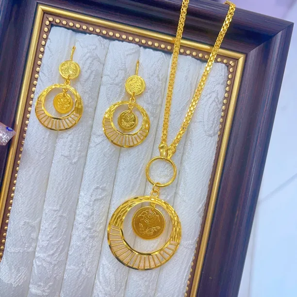 铜合金项链 054新款两件套首饰耳环项链戒指爆款白搭金色铜合金