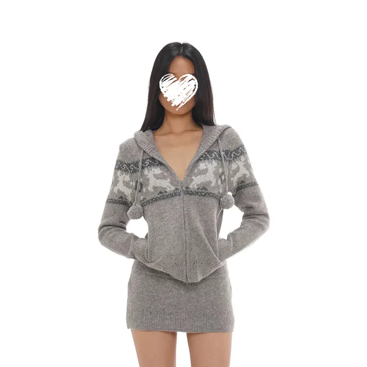 麋鹿提花节日氛围毛织连帽开衫+毛织半裙两件套女 60801