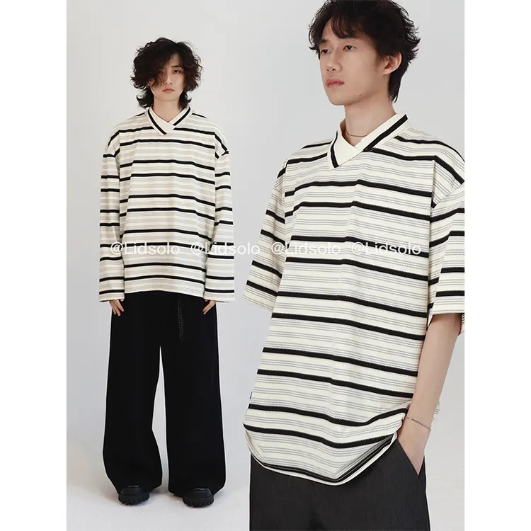 Lidsolo|夏季新款横条纹POLO短袖不规则领口设计针织男女同款