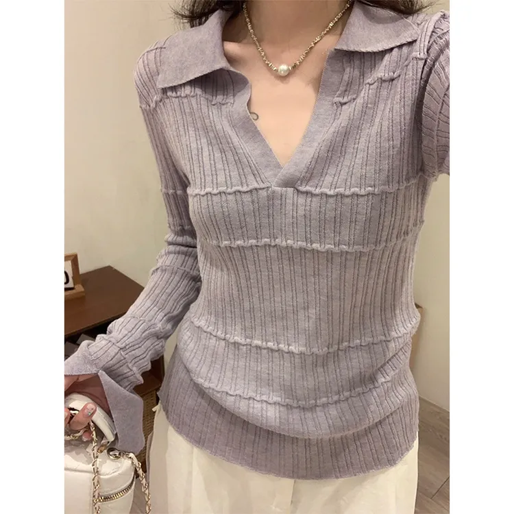 紫色polo领针织衫女秋季修身显瘦V领内搭打底衫高级感上衣