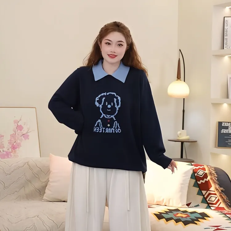 梦丞-显瘦遮肉大码女装秋冬套头款上衣百搭POLO领提花小熊针织衫