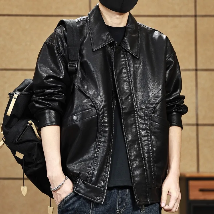 高端机车皮衣外套男2025新款美式大口袋男士短款大码潮牌PU皮夹克