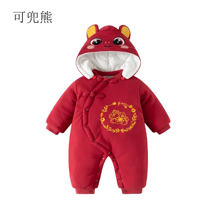 婴儿冬季加厚加绒连体衣新生儿冬款男女宝宝红色拜年服保暖外出服