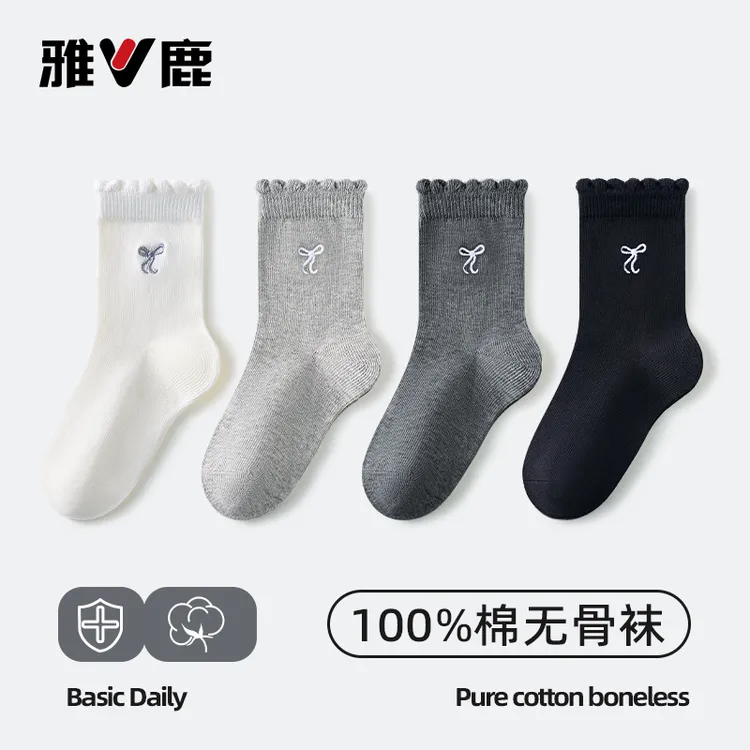 蝴蝶结袜子女中筒100%棉秋冬纯棉可爱花边灰色miu系芭蕾风秋季