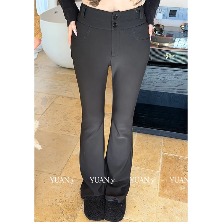 媛媛【长腿mvp】美式加绒黑色微喇休闲裤女高腰秋冬喇叭裤#K1283