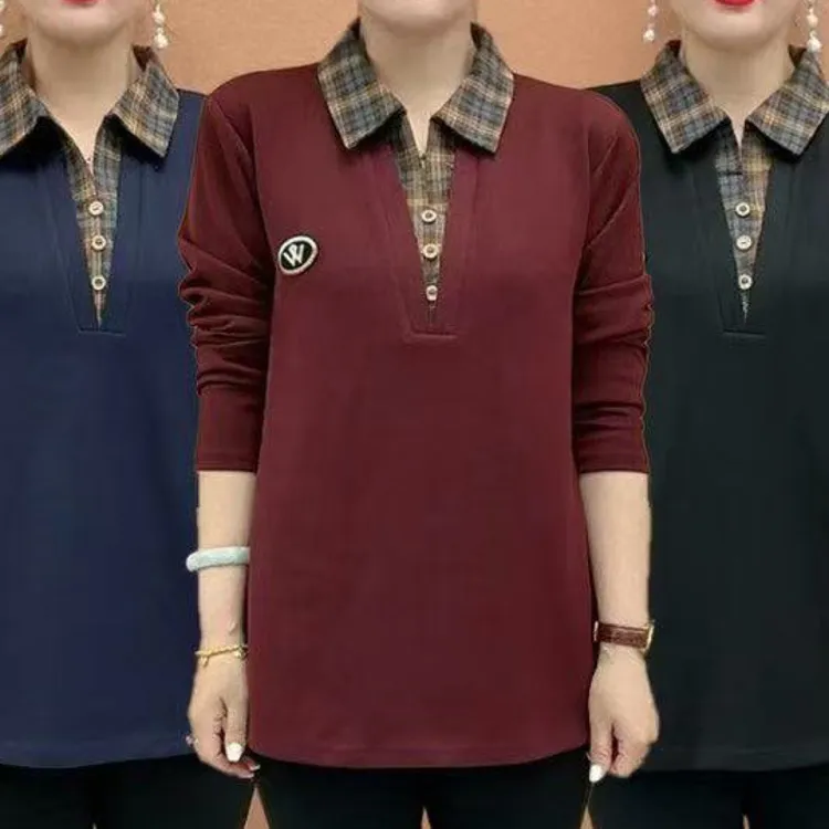 秋季女士格子宽松长袖减龄遮肉polo百搭休闲T恤