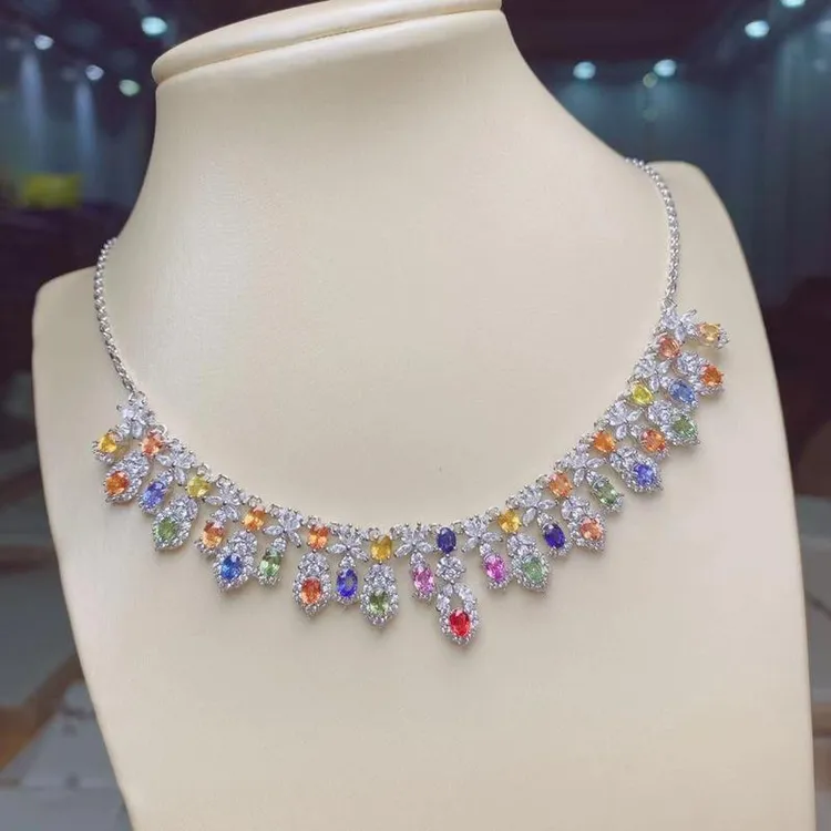 天然彩宝蓝宝石项链糖果设计s925银镶吊坠链抖音直播