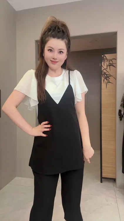 【婷婷】2025夏季新款时尚洋气显瘦拼接减龄套装