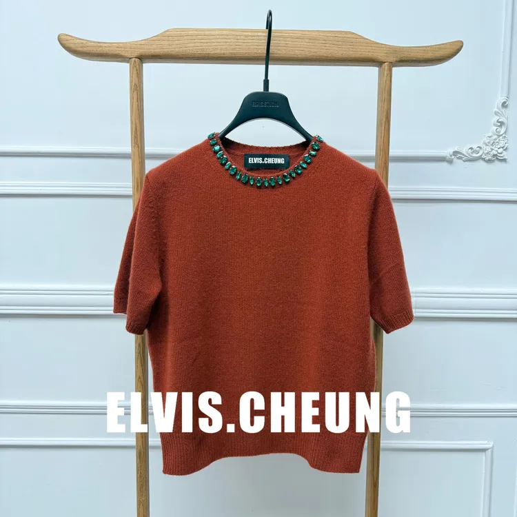 ELVIS.CHEUNG26SS红袖棕绿钻缀饰短款羊绒针织上衣