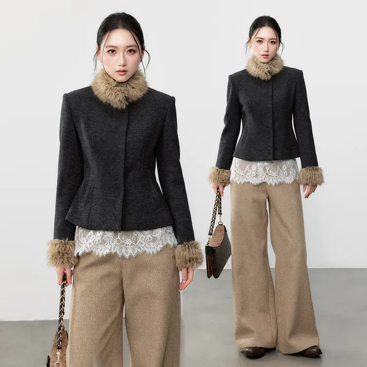 誉芝yuzhi 小香风可拆卸毛领毛呢外套设计感收腰显瘦短款气质上衣