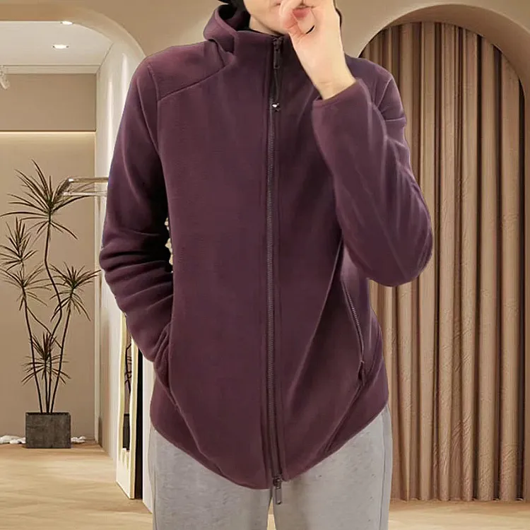 2025新款大码纯色连帽拉链开衫双面绒短外套女士奥粒绒保暖上衣