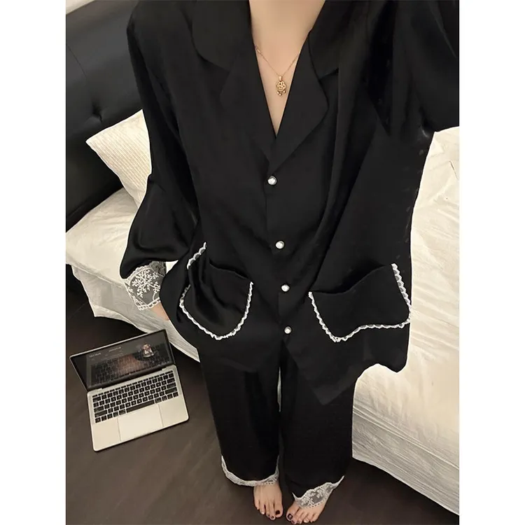 法式爱心提花冰丝缎面睡衣女春秋季新款蕾丝边长袖长裤家居服套装
