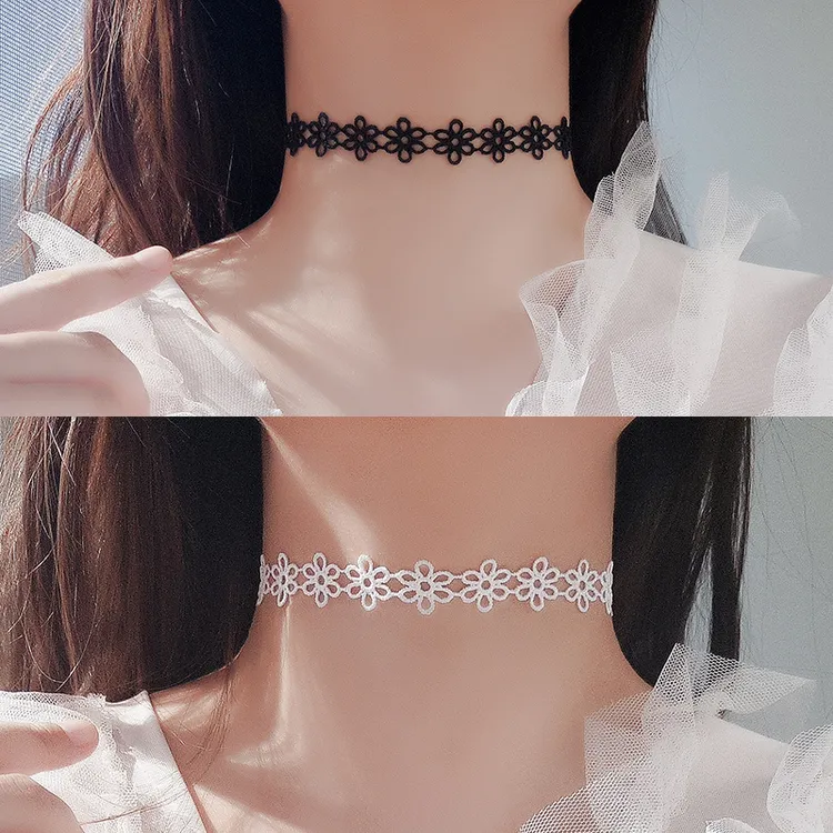 链子925银 choker项圈项链黑色锁骨链女花朵脖子饰品短款颈链颈带