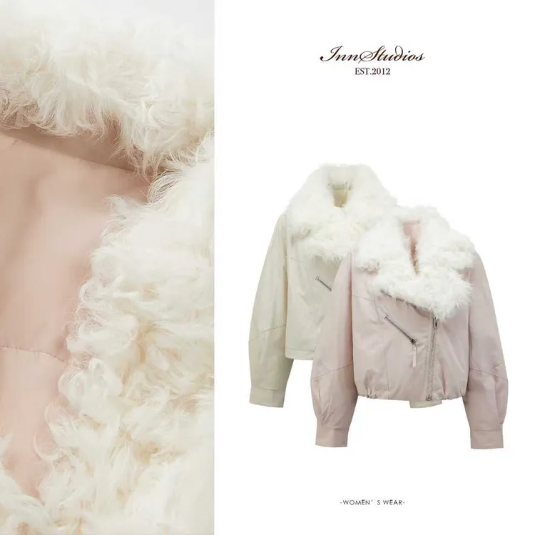 Innstudios 卷卷毛领短款派克服白鹅绒羽绒服外套