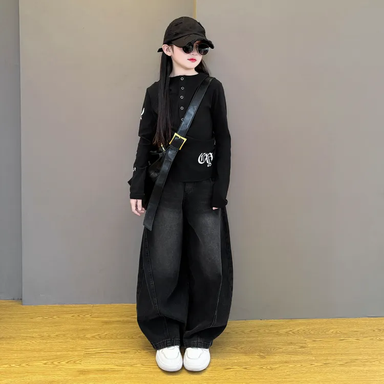 女童卫衣2025新款女韩系春秋季时尚上衣儿童春秋牛仔阔腿裤套装潮