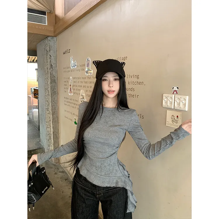 辣妹风不规则长袖T恤2025秋季新款宽松设计感小众洋气打底上衣女