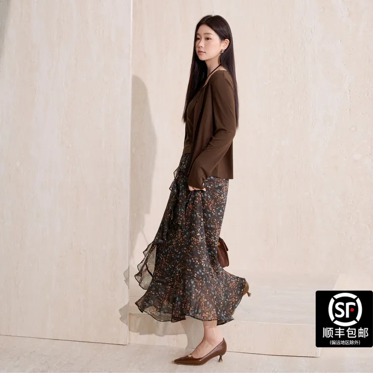 蓝语大码女装流光风复古轻薄开衫松紧腰荷叶边设计碎花半身裙套装