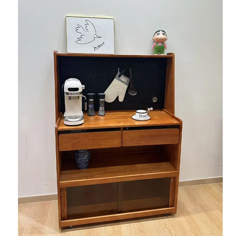 实木樱桃木色可移动餐边柜带轮沙发边柜一体储物柜酒柜咖啡茶水柜