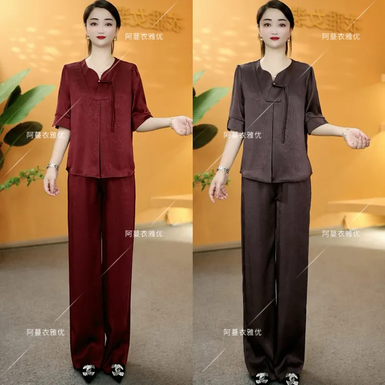 【衣雅严选】8086-1772#新款重磅桑丝琉璃缎盘扣上衣加裤子两件套