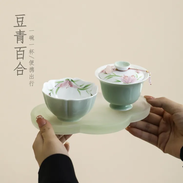 宜物宜心 手绘百合二才盖碗茶杯家用陶瓷泡茶碗一碗一杯功夫茶具