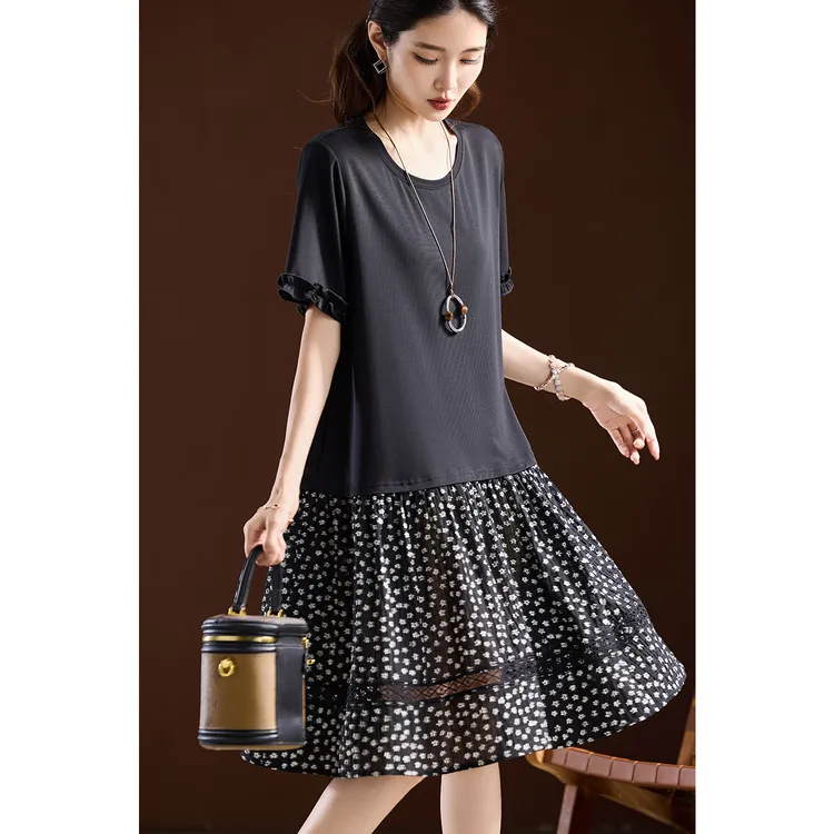 时尚高级黑色连衣裙女2025年夏季新款气质中长裙欧货大码女装