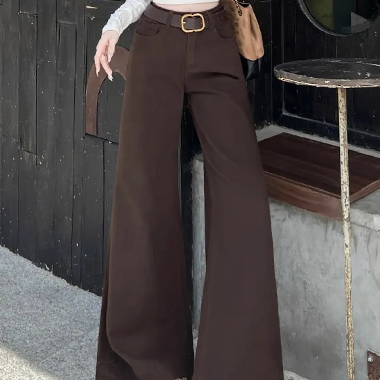 小个子定制秋冬高腰显瘦咖色不贴腿微喇叭牛仔裤（今天下单送腰带）