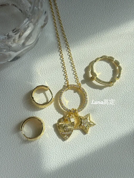 铜合金合成锆石项链 Luna定制0346绿金色眼睛星星高级质感三件套