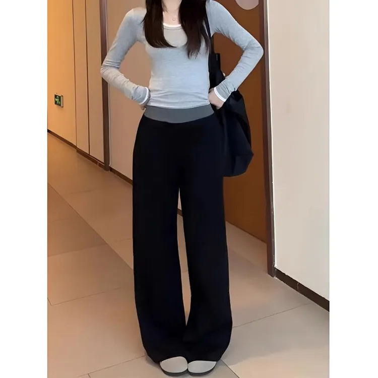 大码2-300斤直筒拼接运动裤女夏季薄款休闲裤直简松弛垂感阔腿裤