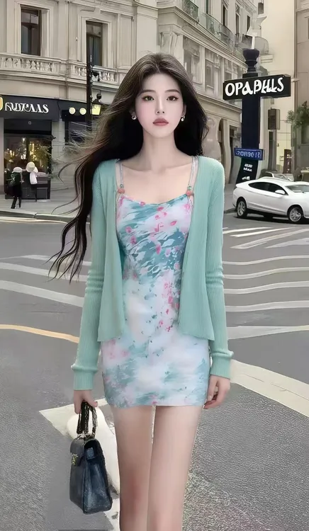 温柔风气质显瘦穿搭修身印花收腰包臀吊带裙+绿色长袖开衫两件套