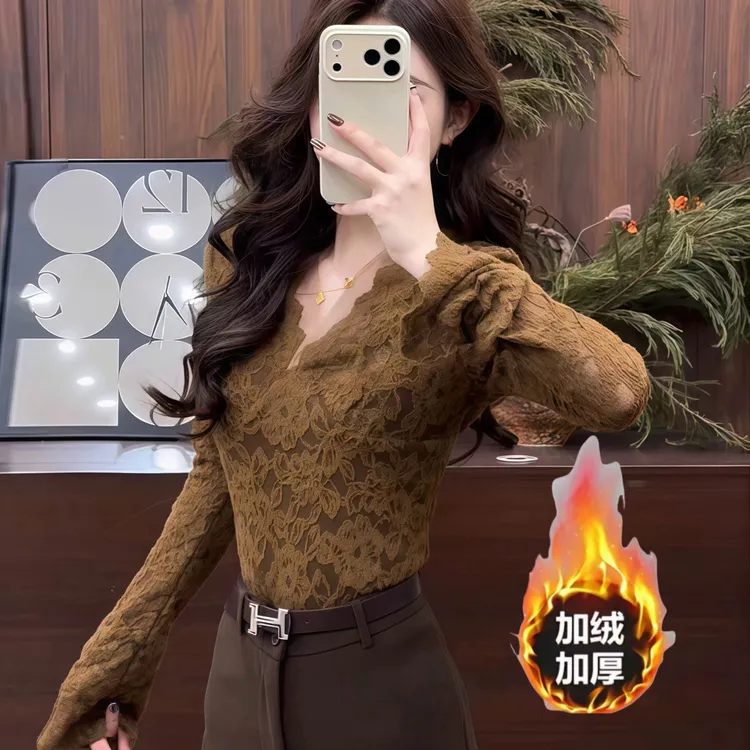 秋冬新款法式气质V领长袖蕾丝拼接打底衫女磨毛加绒加厚保暖上衣