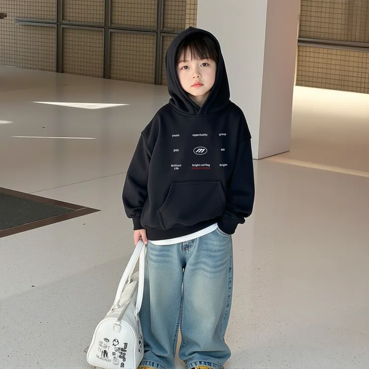 男童黑色连帽卫衣2025新款爆款秋冬加绒加厚外套女童儿童休闲上衣