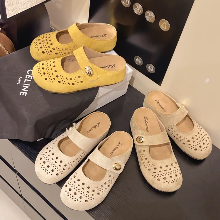 内增高5cm勃肯鞋女夏外穿半拖鞋新款镂空透气厚底博肯包头拖女款