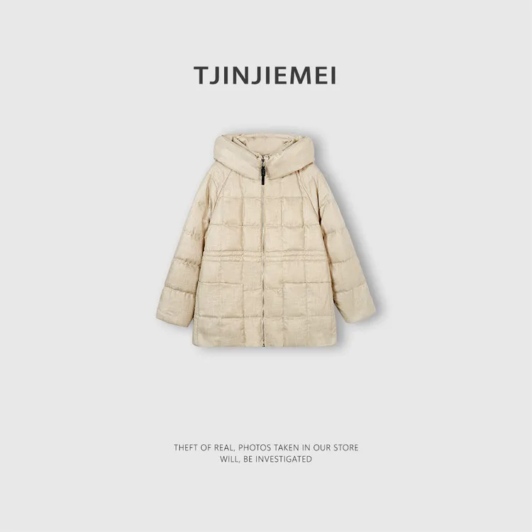 T井姐妹【香草米】设计感桑蚕丝羊毛混纺连帽鹅绒服ERF2512-55098