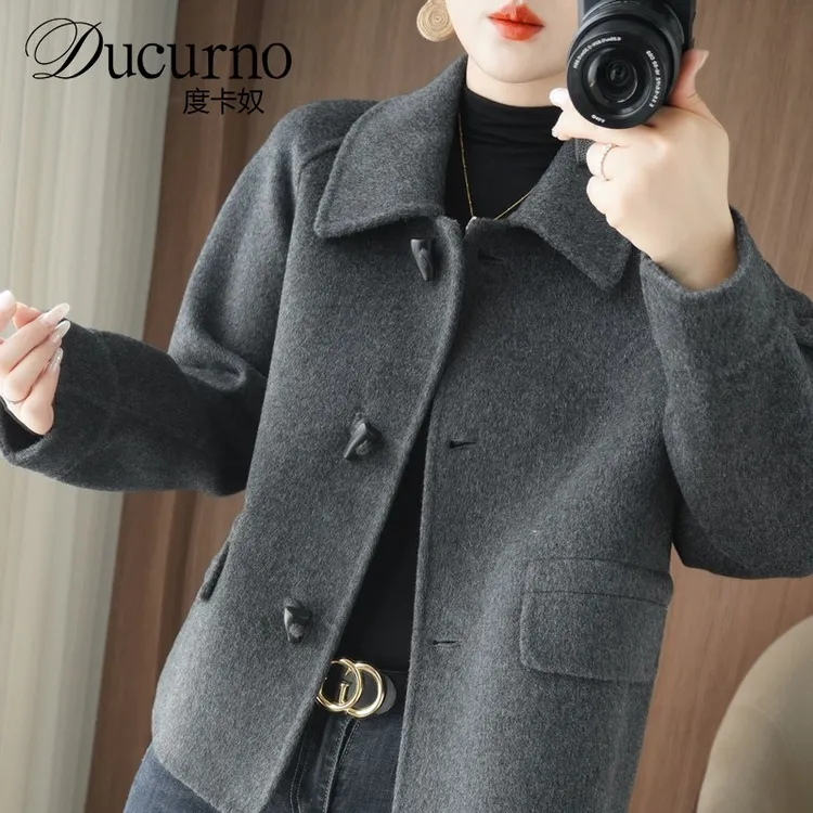2025新款时尚小个子妈妈装双面呢大衣女短款韩版宽松加厚毛呢外套