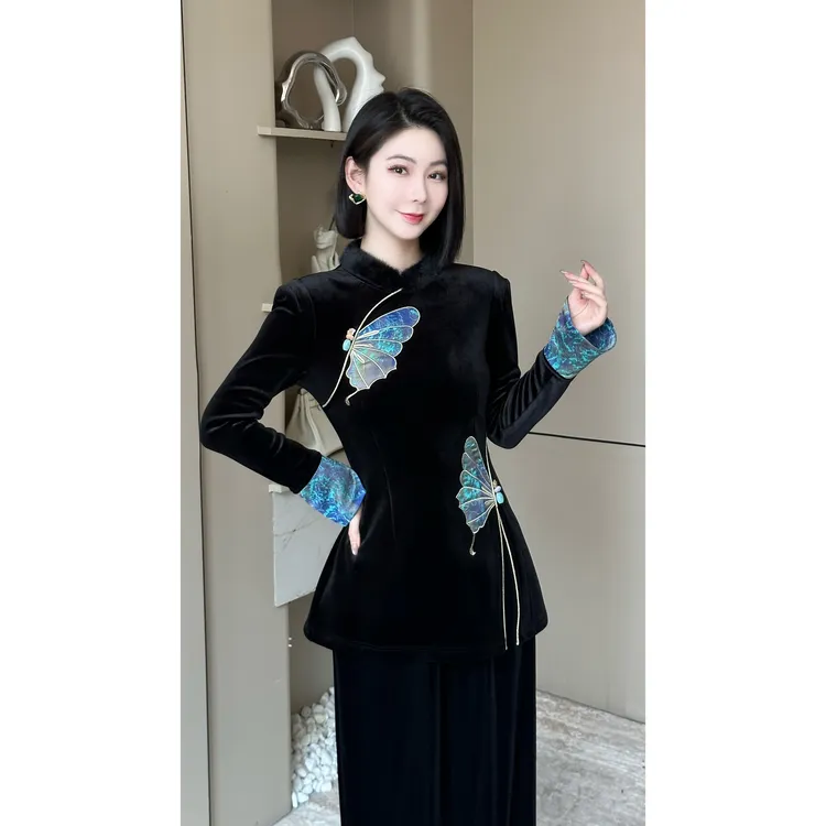 格娜【兰蝶绮绣】冬季新款中国风绣花修身套装上档次优雅气质两件套