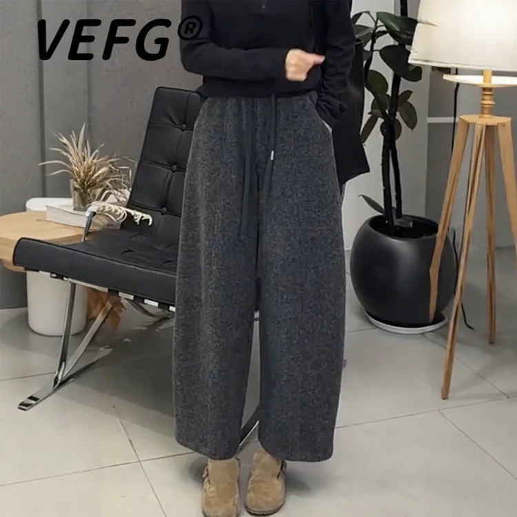 VEFG灰色毛呢休闲裤女今年冬季流行新款加绒阔腿裤小个子九分裤子