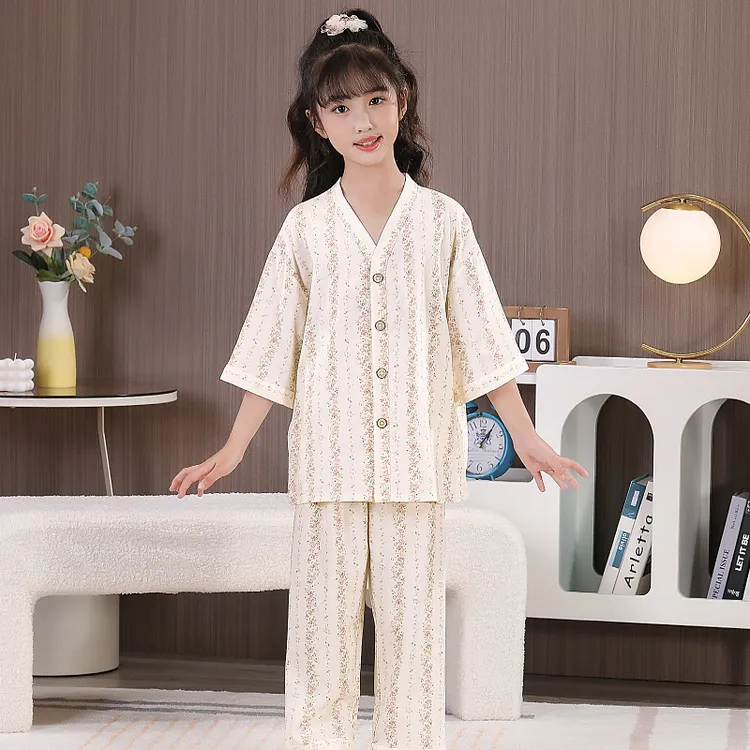 儿童夏季棉绸薄款睡衣女孩男孩宝宝3-16岁卡通甜美卡通家居服套装