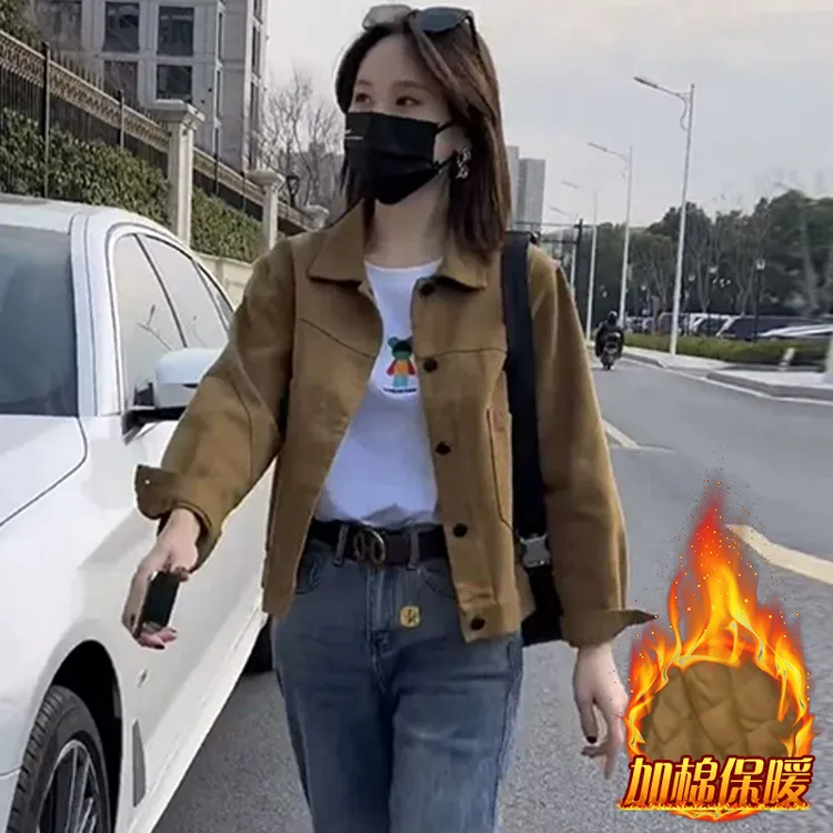 纯棉加棉加厚短外套女2026年春秋新款时尚工装牛仔夹克小个子上衣