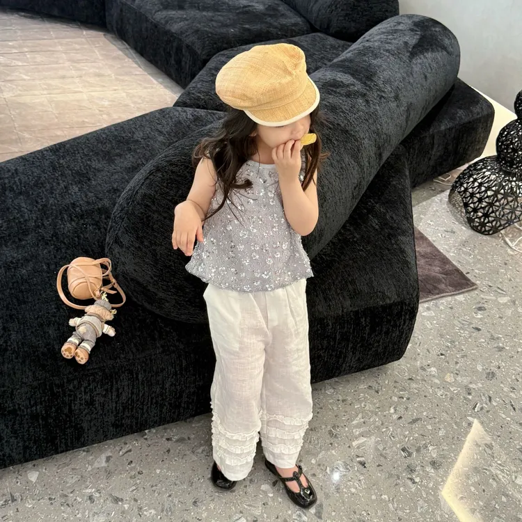 壹妈韩范女童夏装套装洋气儿童气质高级感亮片背心花边阔腿裤童装