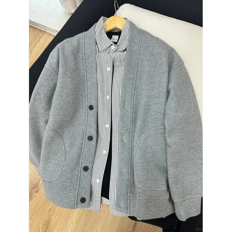 灰色V领开衫外套男春秋季华夫格无领排扣卫衣情侣慵懒风夹克上衣